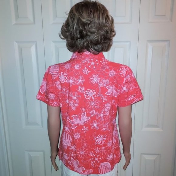 IB Diffusion Coral/White Floral Short Sleeve Button Up Blouse Size S NWOT - Picture 4 of 7